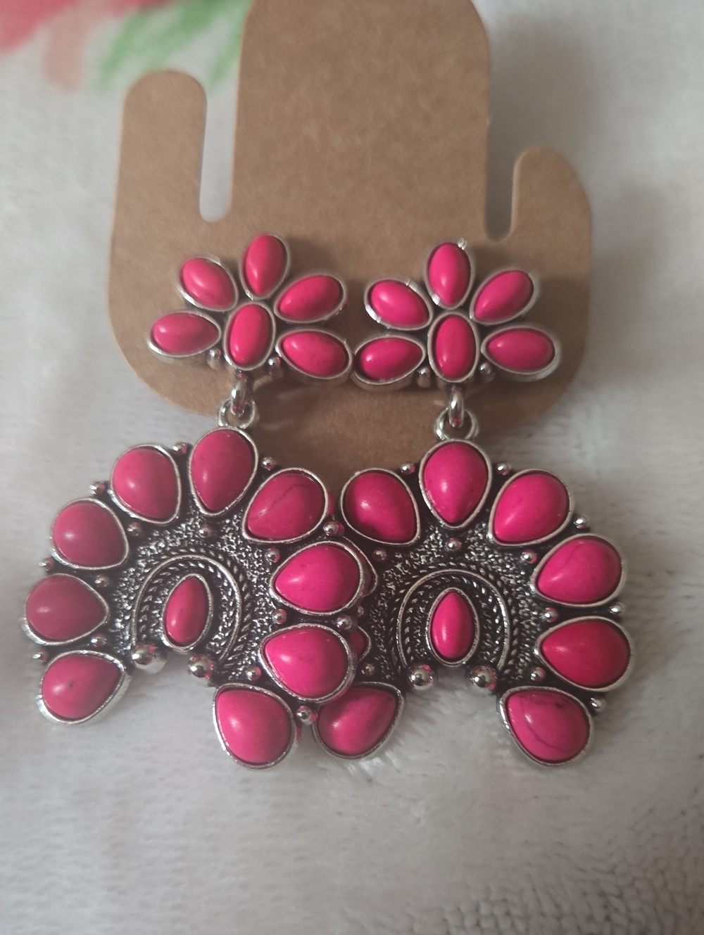Western Squash Blossom Pink And Silver Tone Statement Drop Earrings